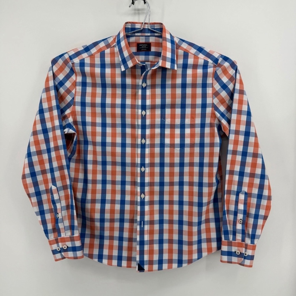 UNTUCKit Button Down Shirt Mens M Wrinkle Free Cotton Orange Blue Plaid